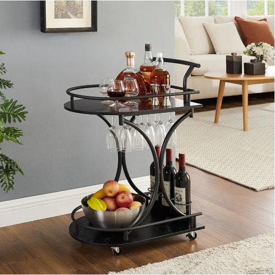 Desserte de bar à 2 niveaux, noire, avec casier à vin et porte-verres, mobile, pour fête, maison, pour salon