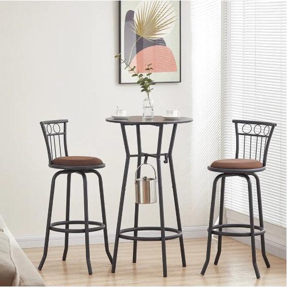 Ensemble de 3 tables et chaises de bar pour salle à manger, chaises de bar industrielles à hauteur de comptoir avec dossier en métal et assise en tissu