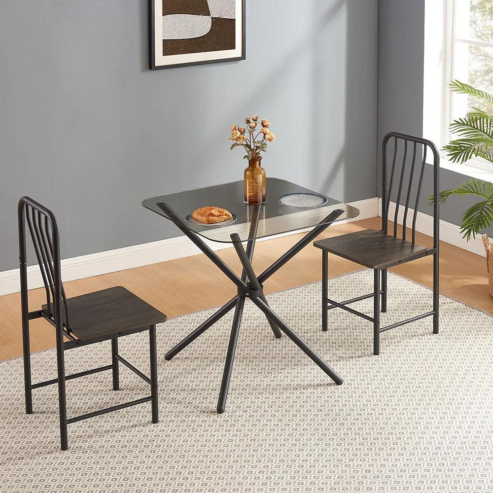 Ensemble de salle à manger pour 2 personnes, table carrée en verre trempé avec 4 pieds et 2 chaises en métal, pour la maison, le bureau, la cuisine ou la salle à manger, noir et marron