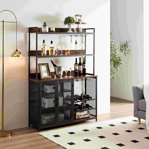 Meuble bar à café avec prise de courant, comptoir de bar à vin à 3 étages pour la maison, la salle à manger et la cuisine, marron vintage