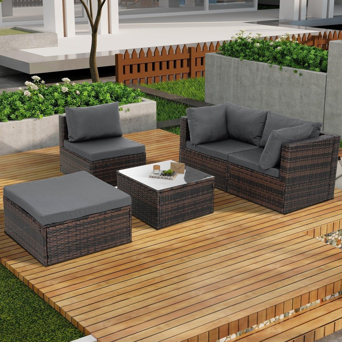 Mobilier de jardin, mobilier d'extérieur, mobilier saisonnier en osier PE, ensemble de 5 meubles en osier avec revêtement en résine tressée