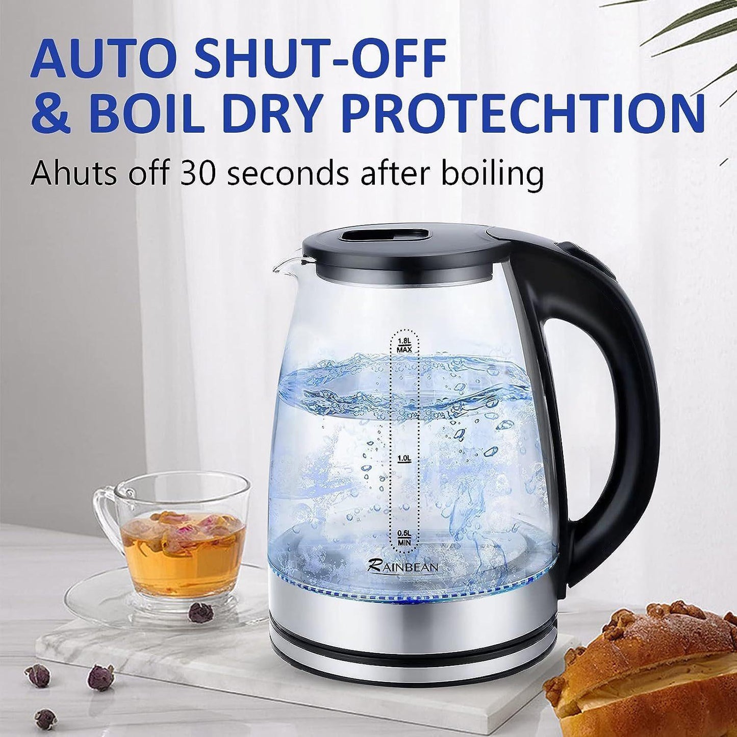 Bouilloire électrique 1,8 L, grande ouverture avec éclairage LED, arrêt automatique et protection anti-ébullition à sec, verre noir