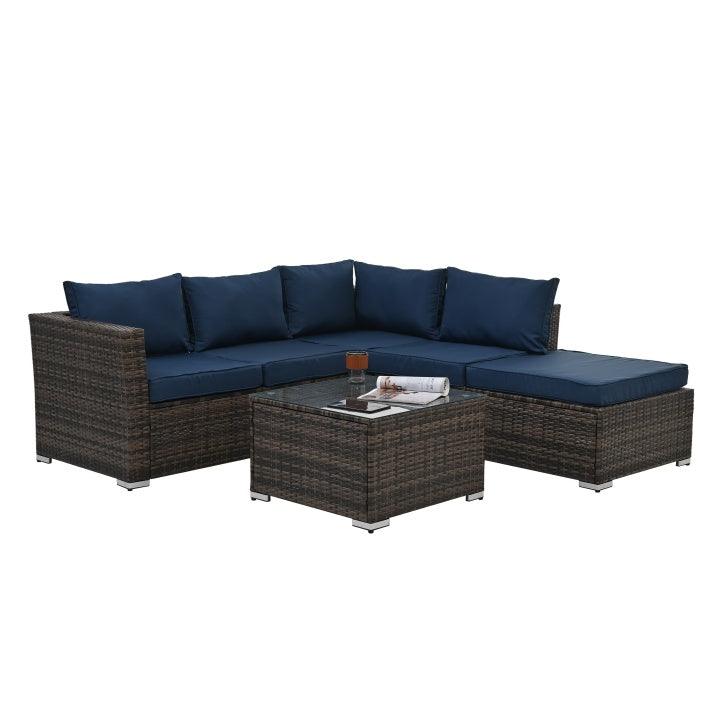 Mobilier de jardin, mobilier d'extérieur, mobilier saisonnier en osier PE, ensemble de 4 meubles en osier avec table basse en verre trempé