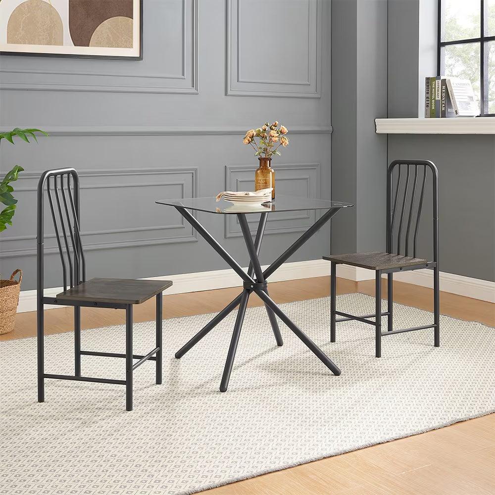 Ensemble de salle à manger pour 2 personnes, table carrée en verre trempé avec 4 pieds et 2 chaises en métal, pour la maison, le bureau, la cuisine ou la salle à manger, noir et marron