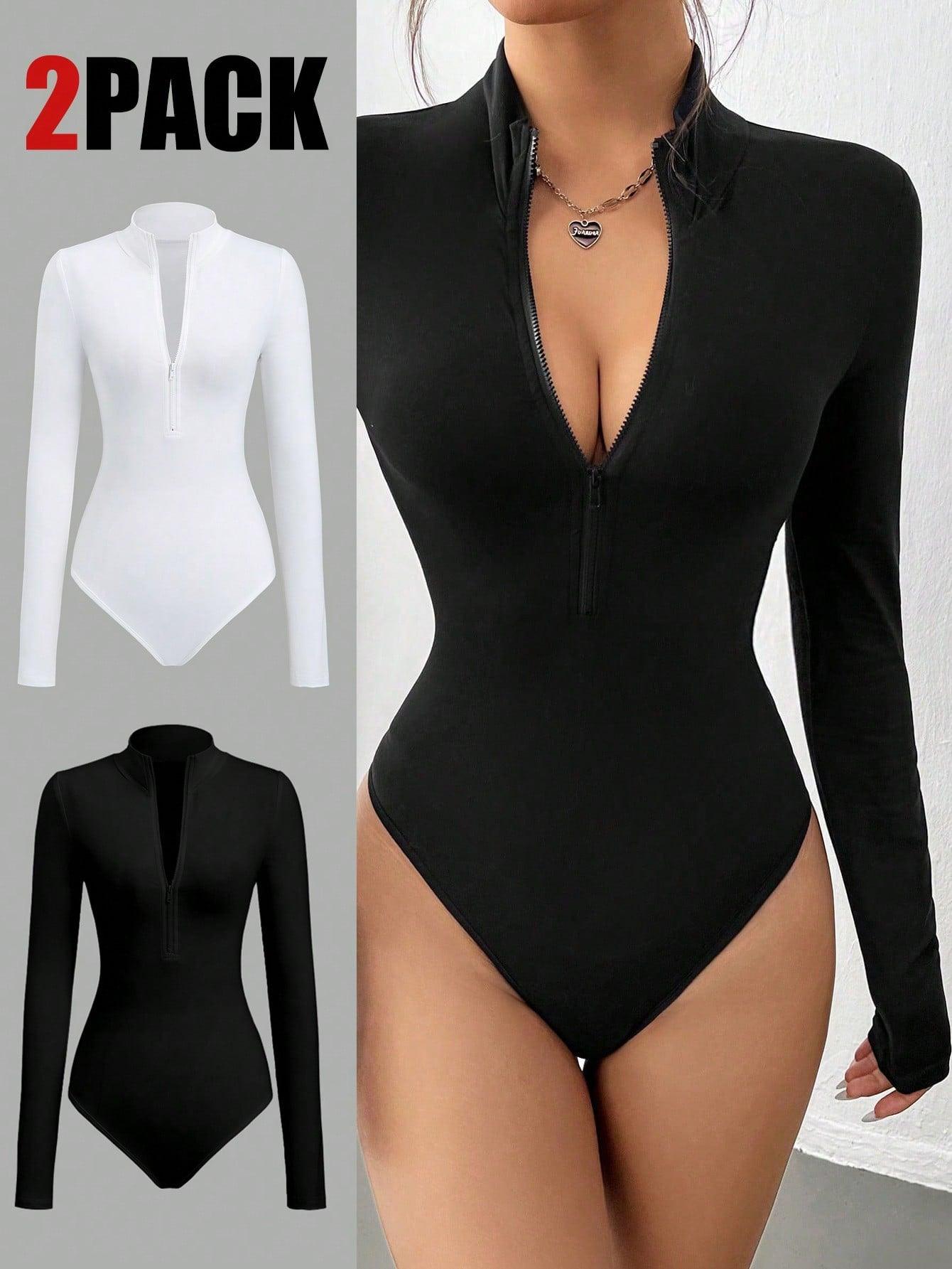 Flirla 2pcs White & Black Mock Neck Zip-Front Long Sleeve Bodysuit - Grivelo