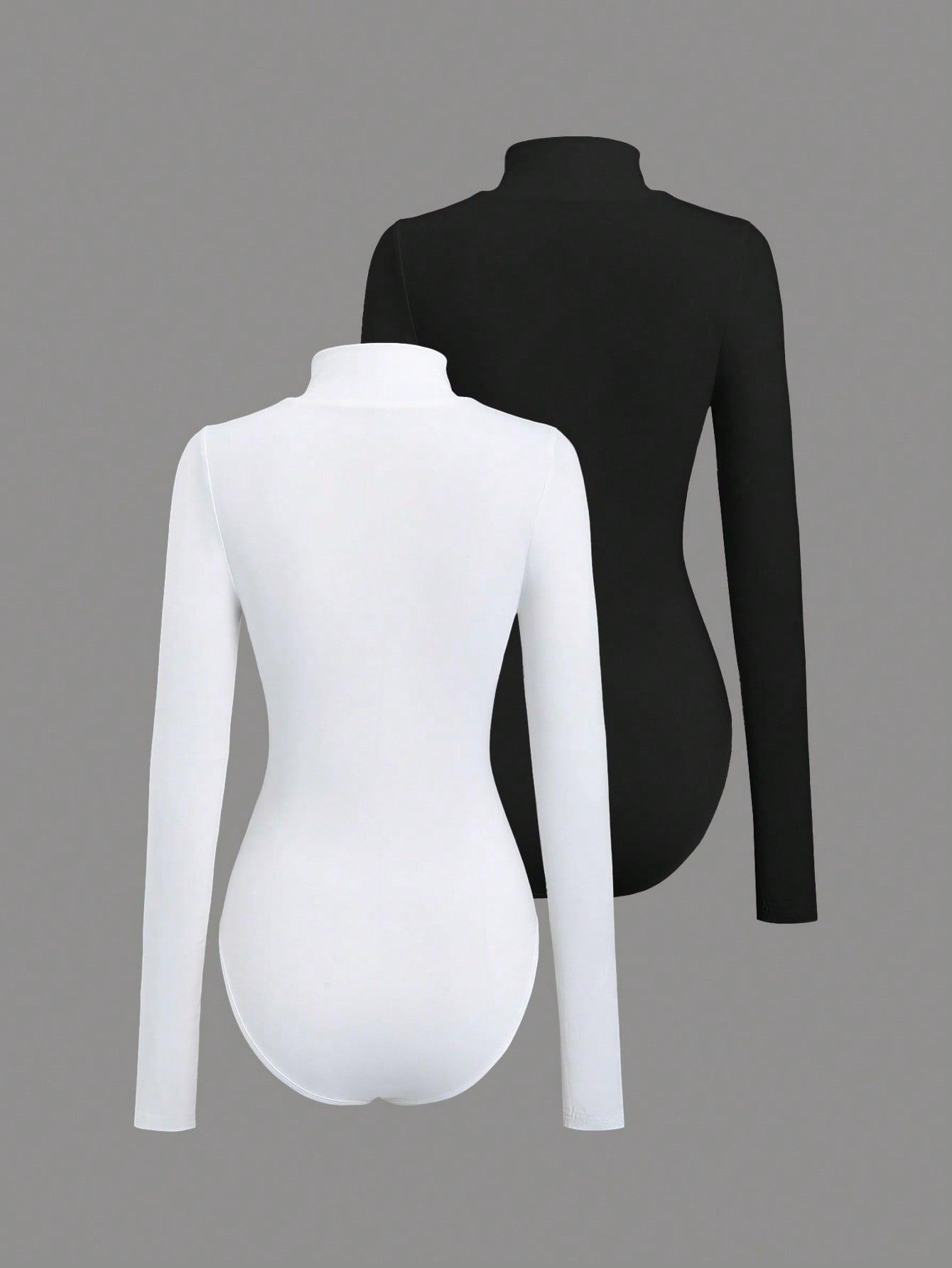 Flirla 2pcs White & Black Mock Neck Zip-Front Long Sleeve Bodysuit - Grivelo