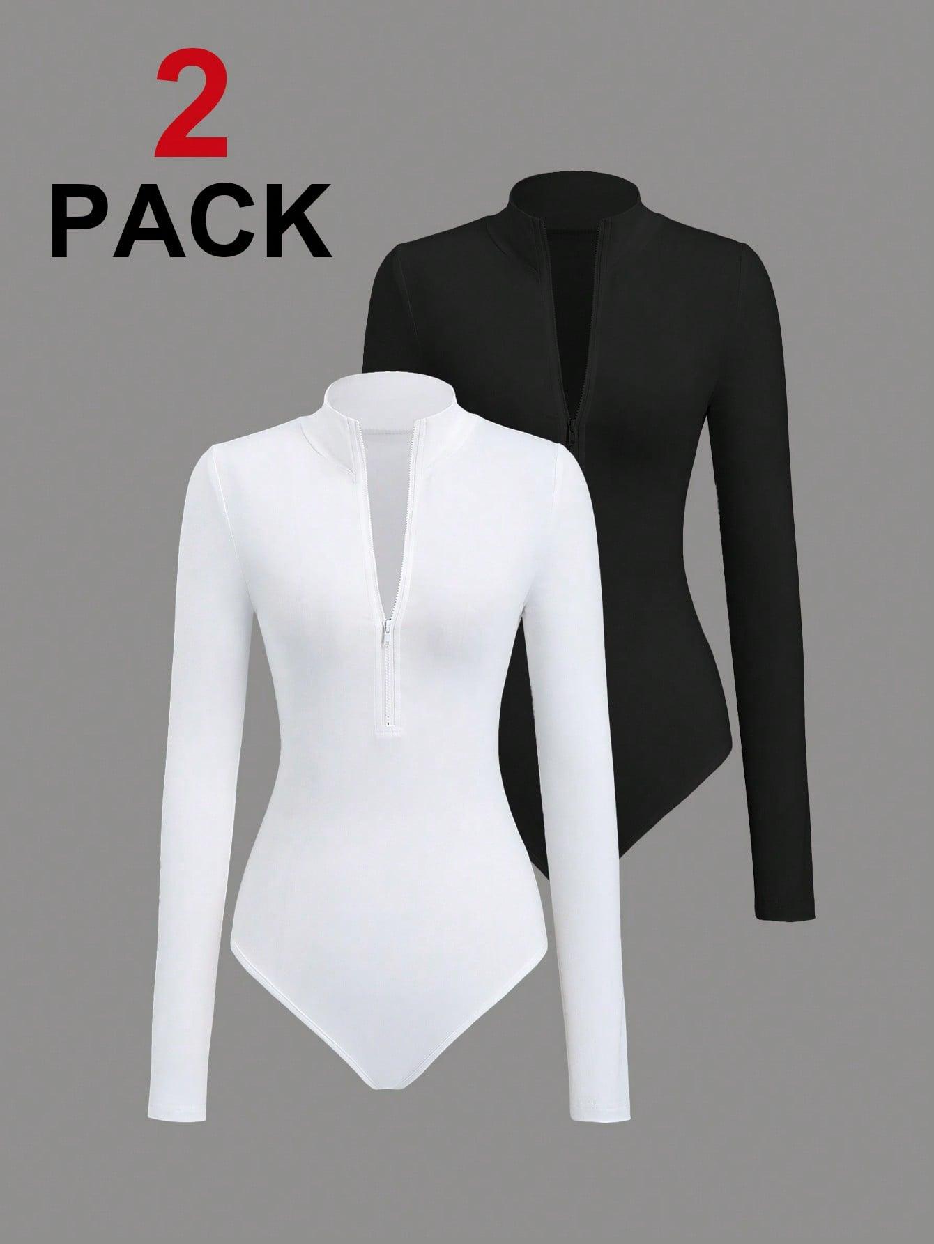 Flirla 2pcs White & Black Mock Neck Zip-Front Long Sleeve Bodysuit - Grivelo