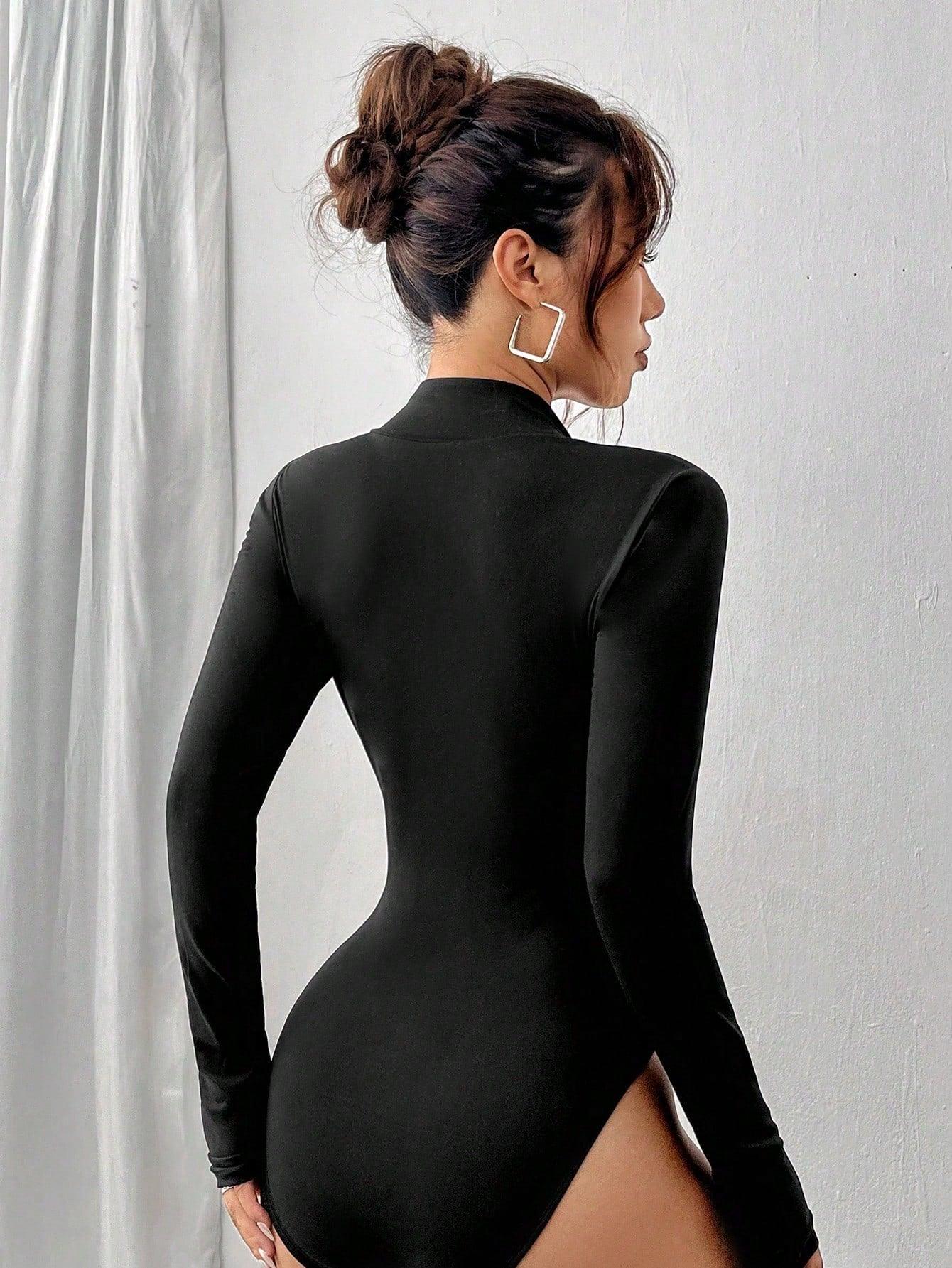 Flirla 2pcs White & Black Mock Neck Zip-Front Long Sleeve Bodysuit - Grivelo