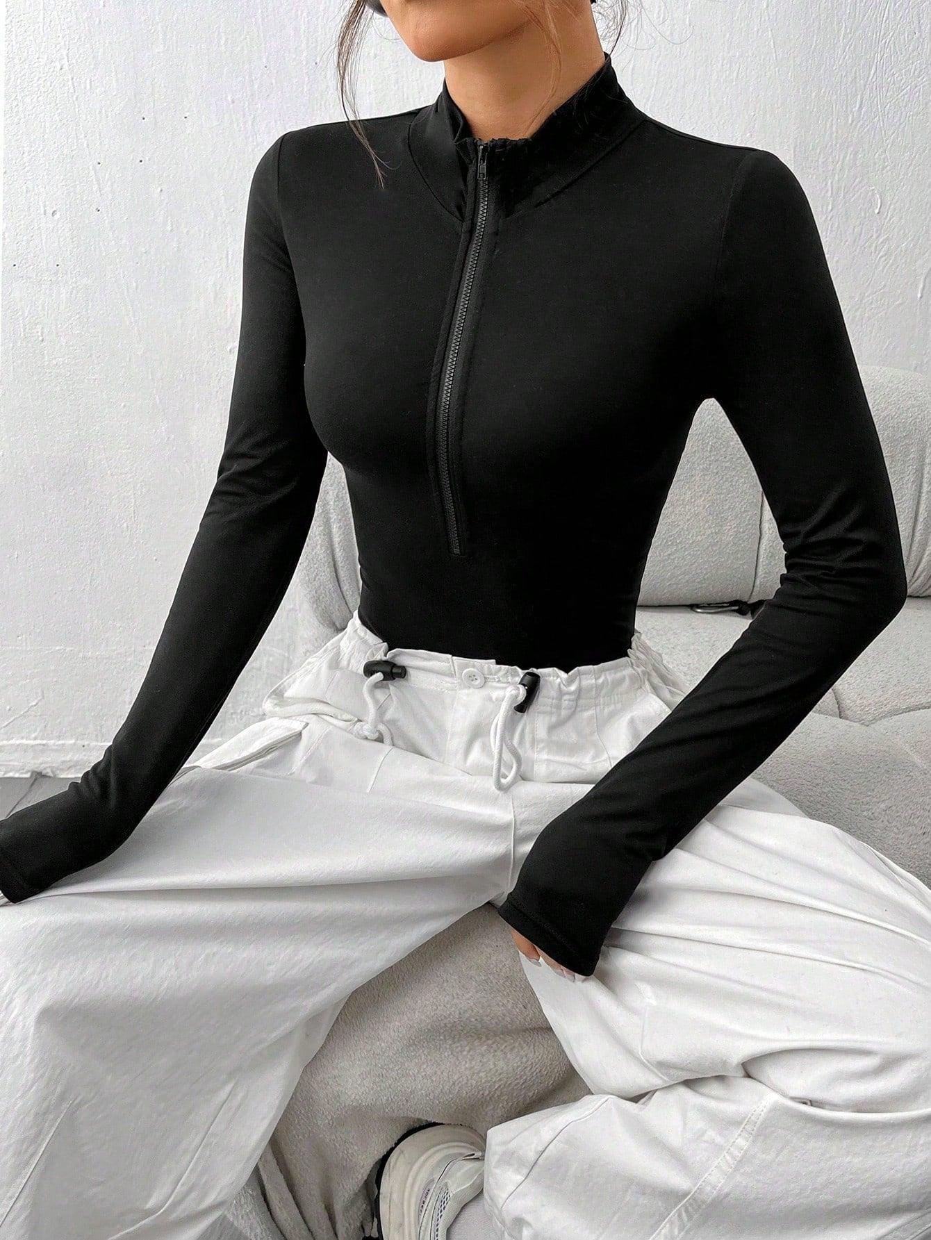 Flirla 2pcs White & Black Mock Neck Zip-Front Long Sleeve Bodysuit - Grivelo