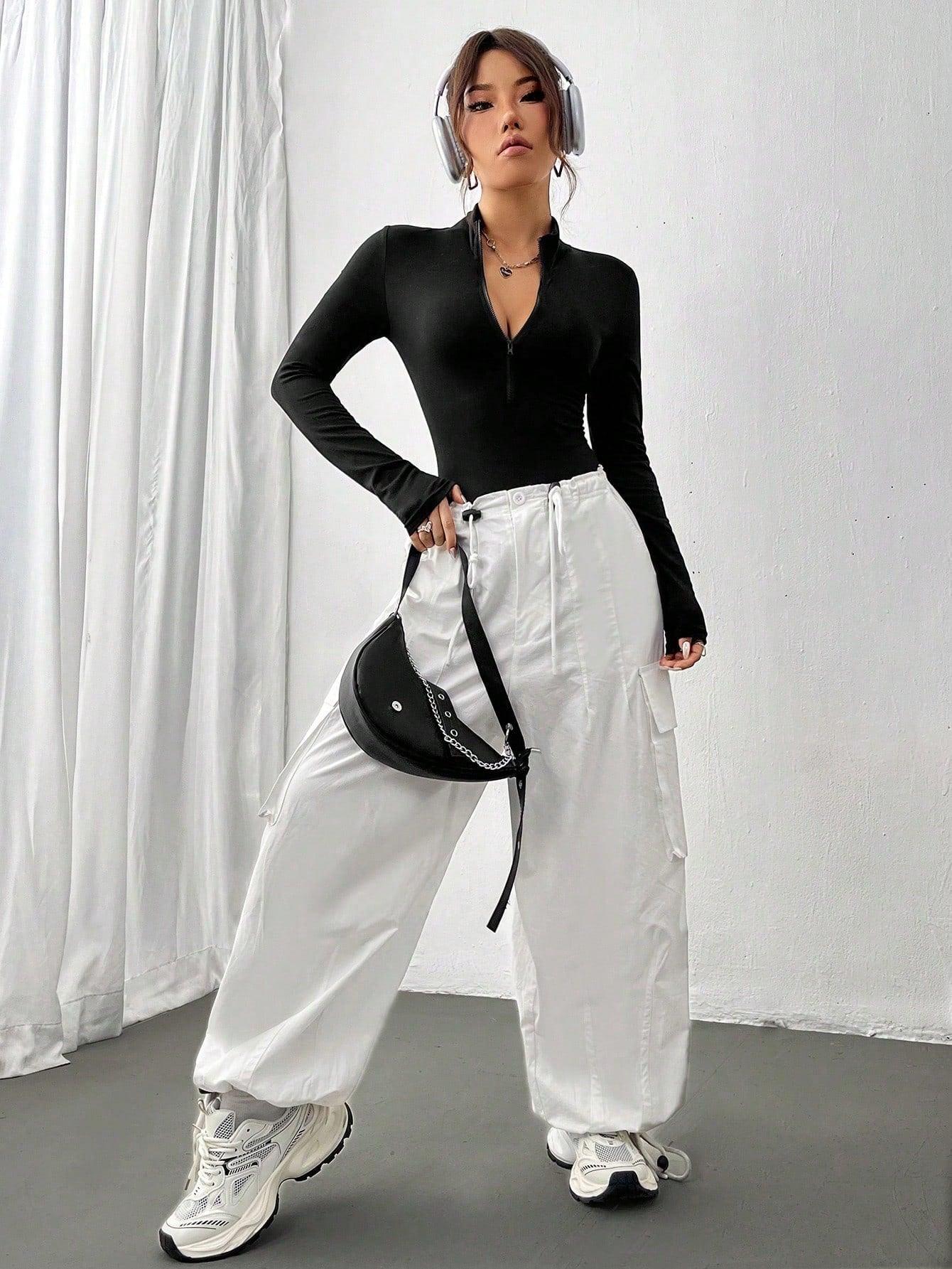Flirla 2pcs White & Black Mock Neck Zip-Front Long Sleeve Bodysuit - Grivelo
