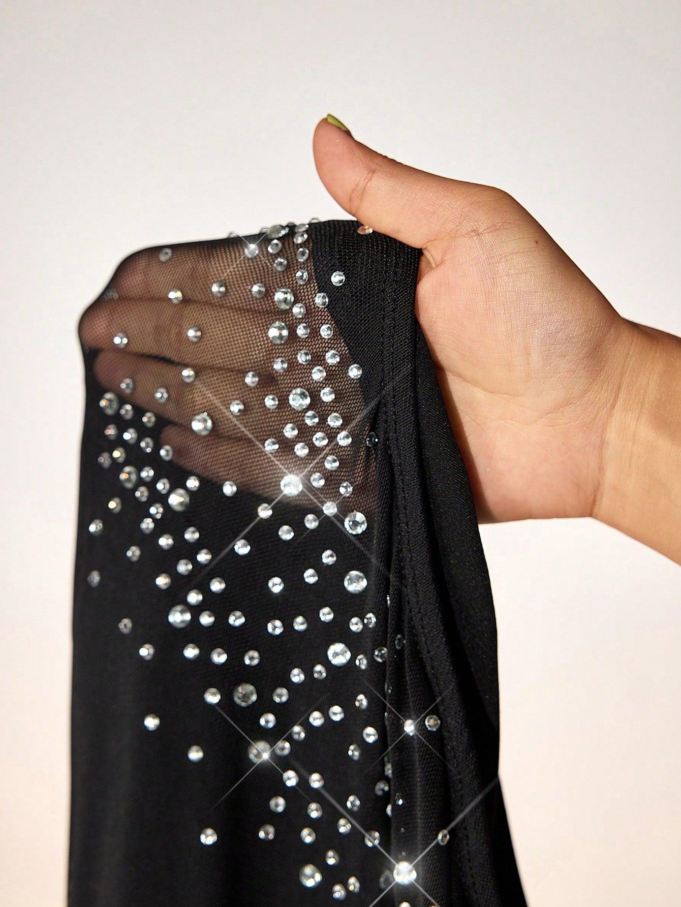SXY Sexy Party Rhinestone Decor Black One-Shoulder Jumpsuit - Grivelo