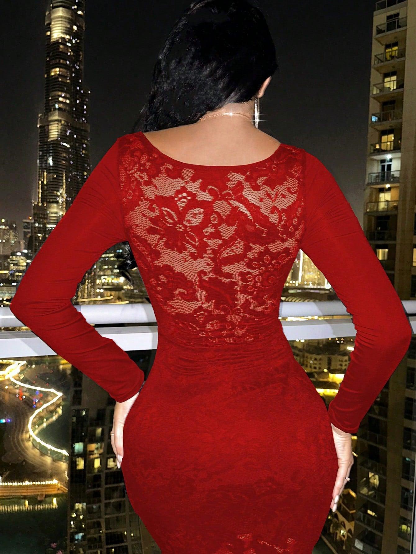 VaVaBold Red Sexy Lace Dress For Valentine's Day: Long Sleeve Curve-Hugging Mini Dress With Slit - Grivelo