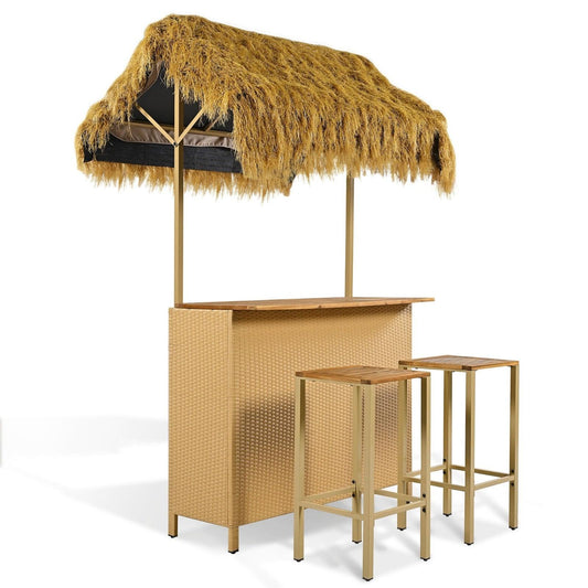 Ensemble de patio de style hawaïen avec auvent en gazon PE, table de bar d'extérieur et tabourets réglables