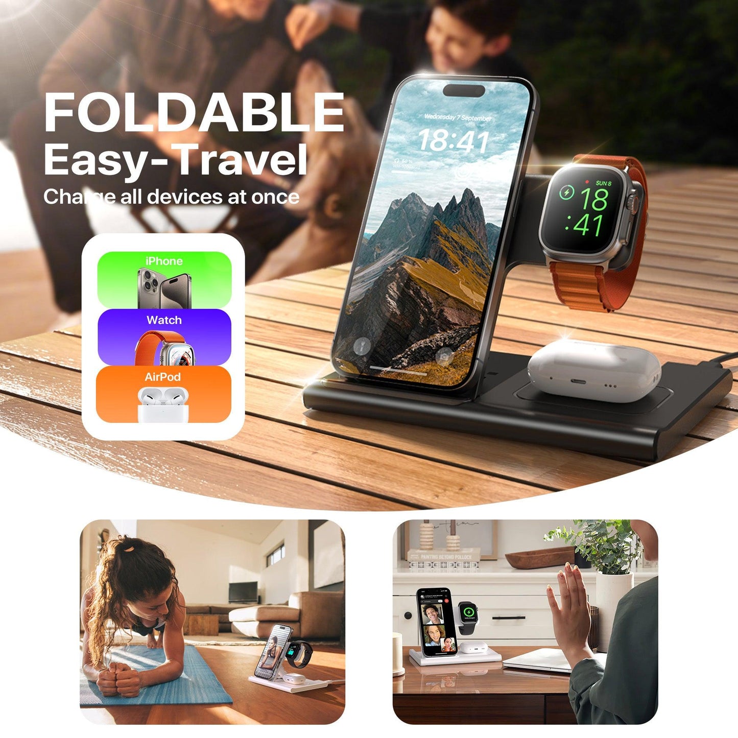 Station de charge sans fil 3 en 1 pour plusieurs appareils, support de charge rapide 15 W