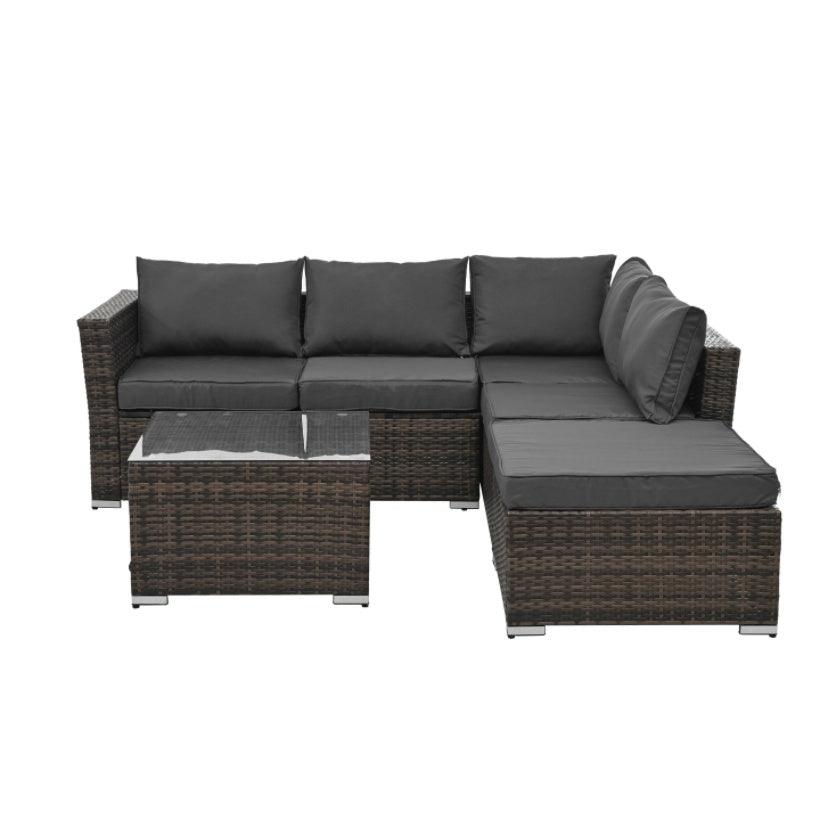 Mobilier de jardin, mobilier d'extérieur, mobilier saisonnier en osier PE, ensemble de 4 meubles en osier avec table basse en verre trempé