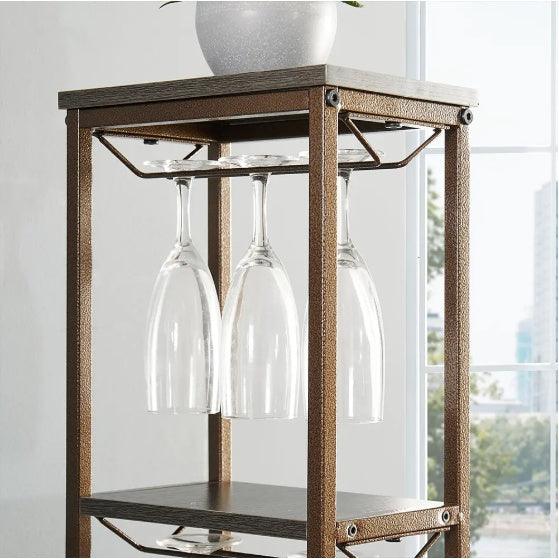 Étagère à vin grise sur pied pour 11 bouteilles, 5 niveaux, avec porte-verres et étagères de rangement, idéale pour bar, salon, salle à manger ou comme cadeau.