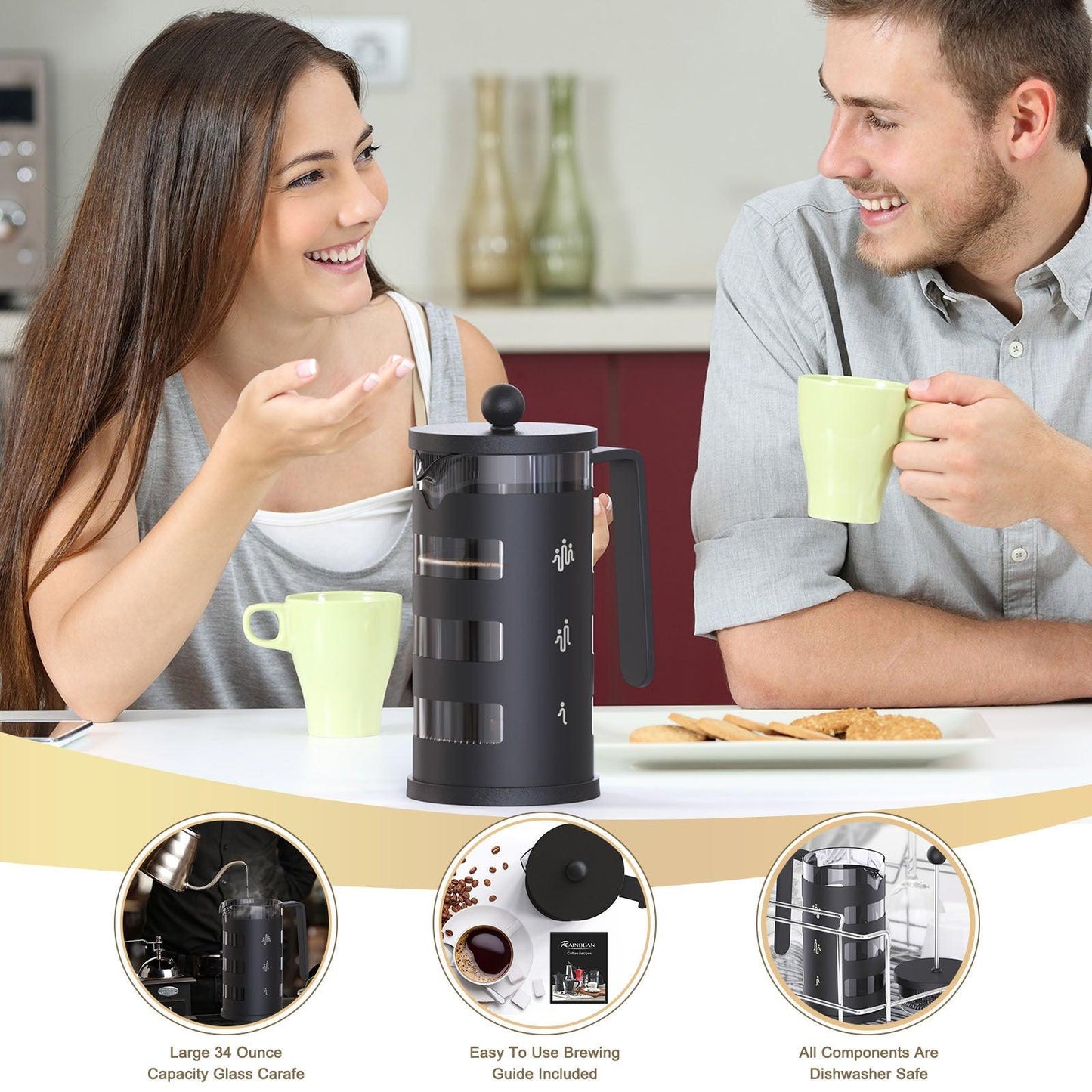 Cafetière à piston RAINBEAN, nettoyage facile, verre borosilicate résistant à la chaleur