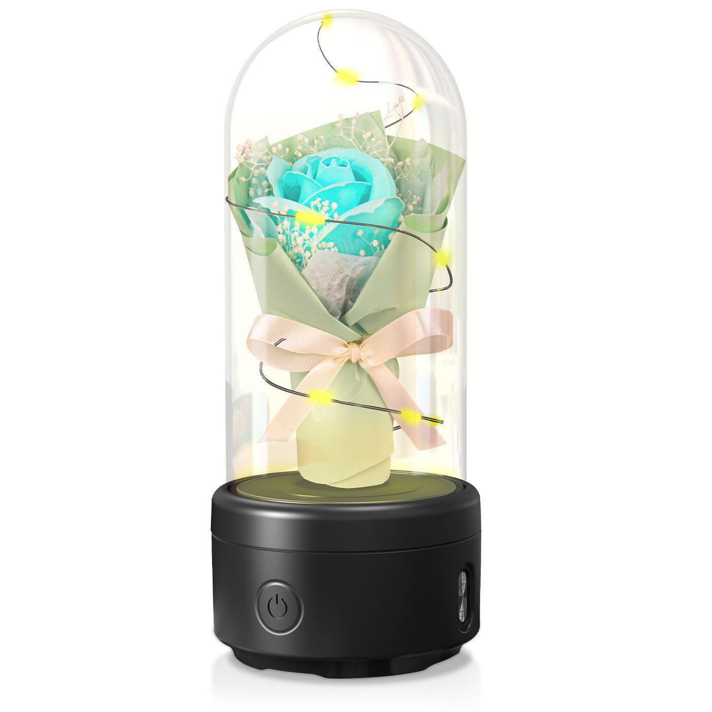 Bouquet créatif 2 en 1 avec lumière LED et haut-parleur Bluetooth, cadeau de fête des mères, veilleuse lumineuse en forme de rose, dans un couvercle en verre