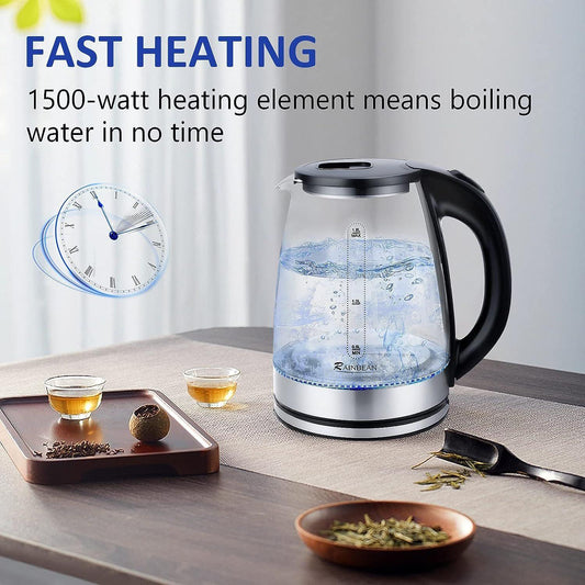 Bouilloire électrique 1,8 L, grande ouverture avec éclairage LED, arrêt automatique et protection anti-ébullition à sec, verre noir