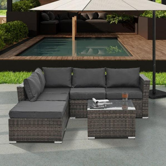 Mobilier de jardin, mobilier d'extérieur, mobilier saisonnier en osier PE, ensemble de 4 meubles en osier avec table basse en verre trempé