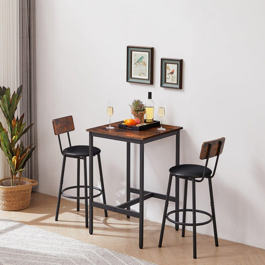 Ensemble table de bar avec 2 tabourets, dossier en PU, brun rustique, 23,62 l x 35 H