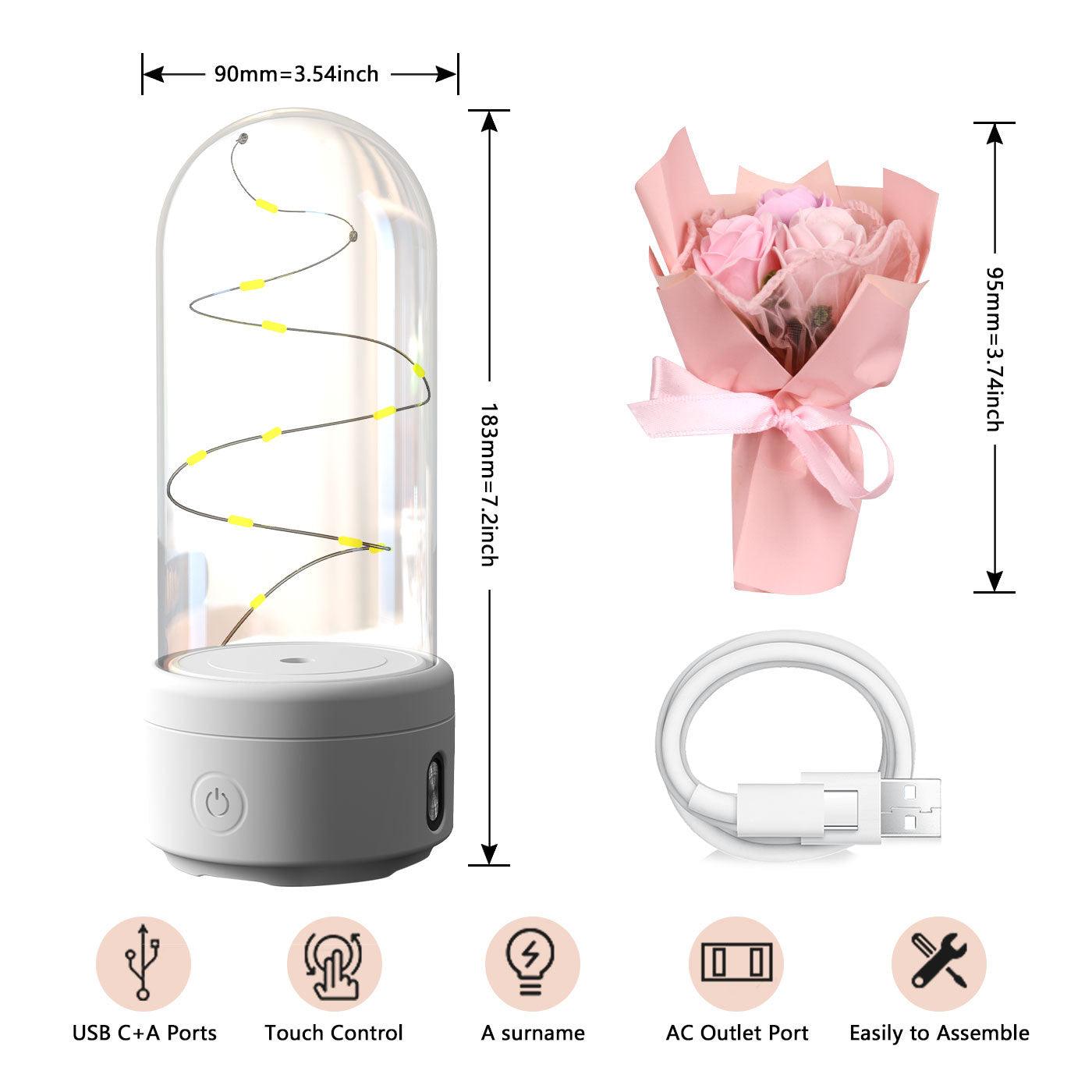 Bouquet créatif 2 en 1 avec lumière LED et haut-parleur Bluetooth, cadeau de fête des mères, veilleuse lumineuse en forme de rose, dans un couvercle en verre