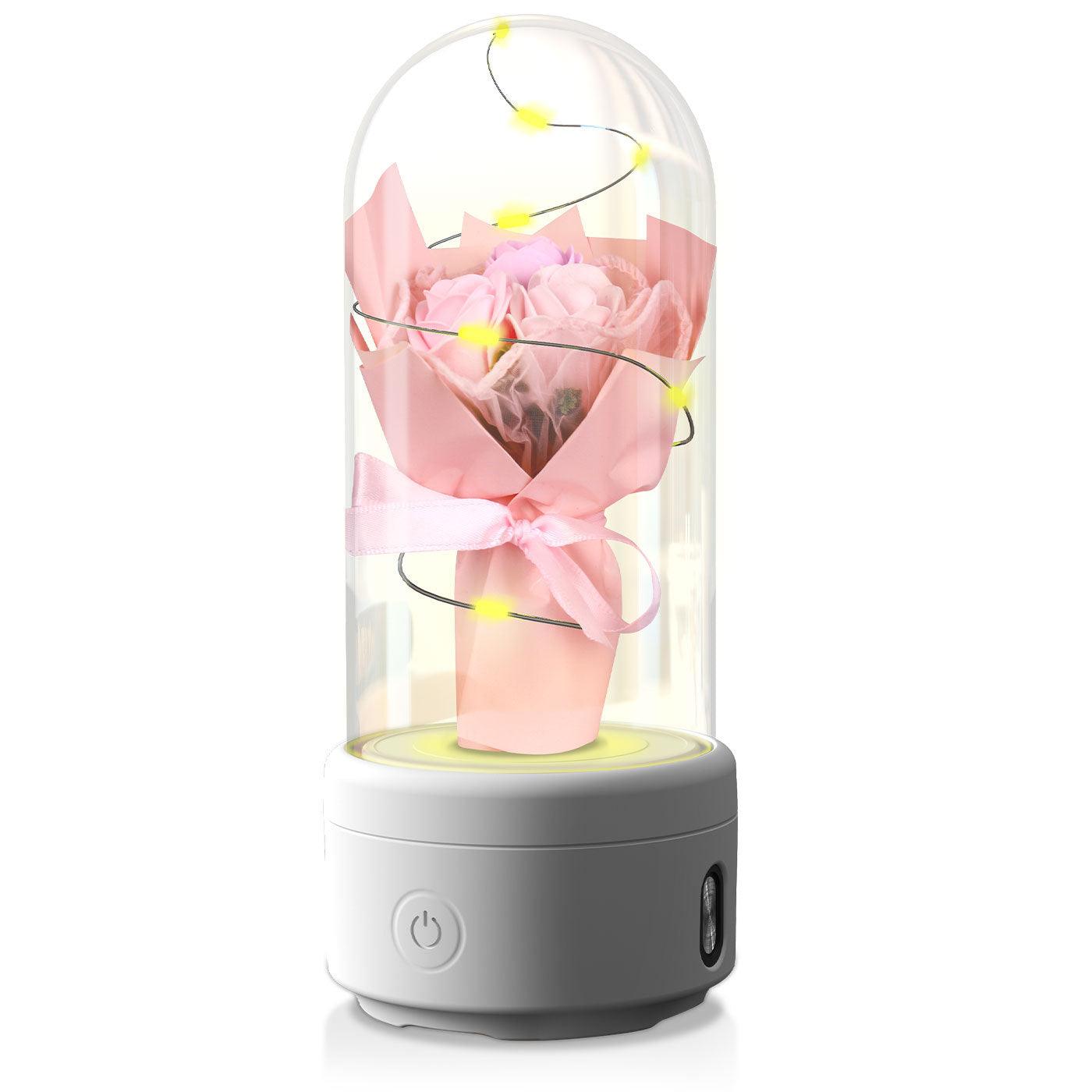 Bouquet créatif 2 en 1 avec lumière LED et haut-parleur Bluetooth, cadeau de fête des mères, veilleuse lumineuse en forme de rose, dans un couvercle en verre