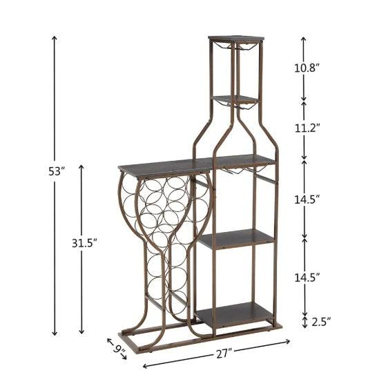 Étagère à vin grise sur pied pour 11 bouteilles, 5 niveaux, avec porte-verres et étagères de rangement, idéale pour bar, salon, salle à manger ou comme cadeau.