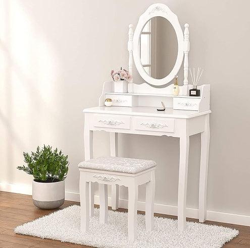 Ensemble coiffeuse 4 tiroirs, coiffeuse avec tabouret rembourré, ensemble de meubles de chambre pour filles et femmes avec miroir ovale