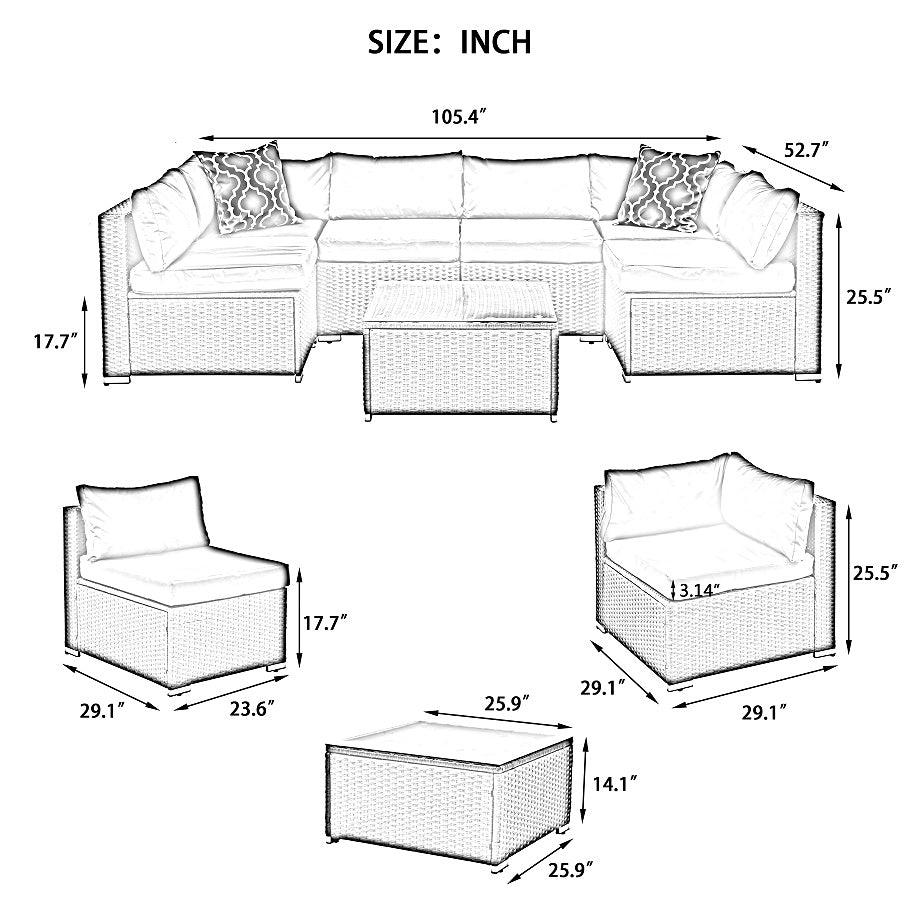 Mobilier de jardin, mobilier d'extérieur, mobilier saisonnier en osier PE, ensemble de 7 meubles en osier avec table basse en verre trempé