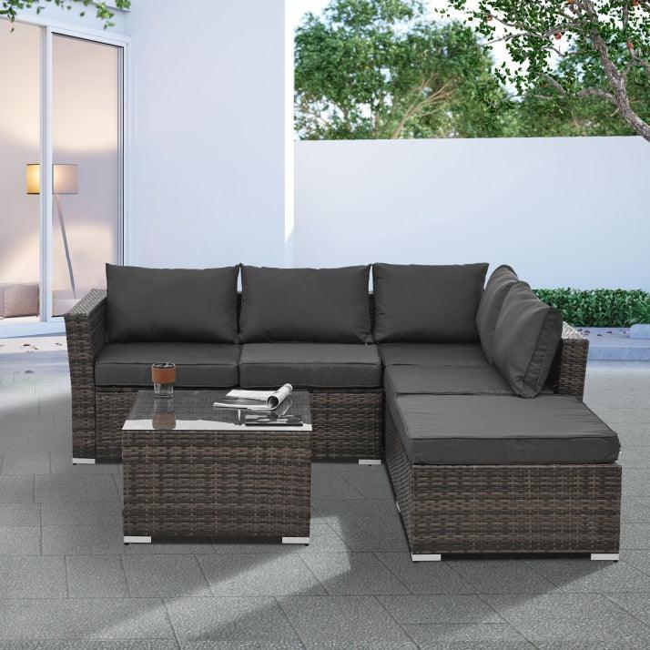 Mobilier de jardin, mobilier d'extérieur, mobilier saisonnier en osier PE, ensemble de 4 meubles en osier avec table basse en verre trempé