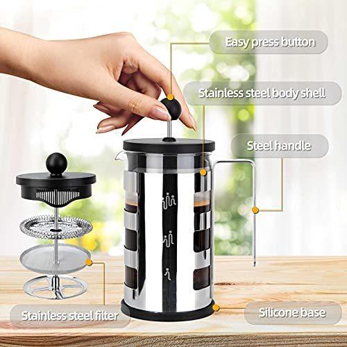 Cafetière à piston 4 tasses, corps en acier inoxydable, résistante à la chaleur, filtre à café en acier inoxydable pour les amateurs de café, argent, 350 ml et 600 ml