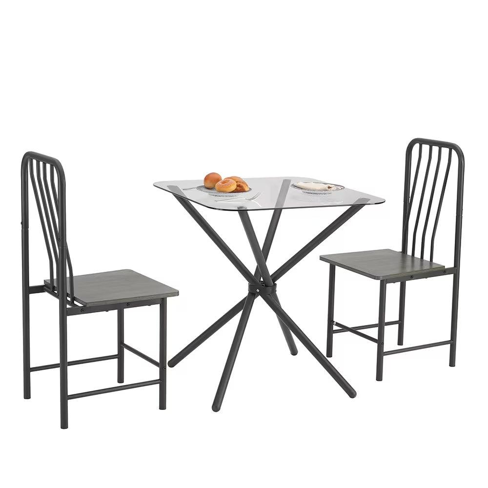 Ensemble de salle à manger pour 2 personnes, table carrée en verre trempé avec 4 pieds et 2 chaises en métal, pour la maison, le bureau, la cuisine ou la salle à manger, noir et marron