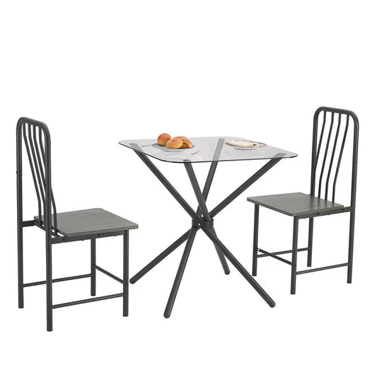 Ensemble de salle à manger pour 2 personnes, table carrée en verre trempé avec 4 pieds et 2 chaises en métal, pour la maison, le bureau, la cuisine ou la salle à manger, noir et marron