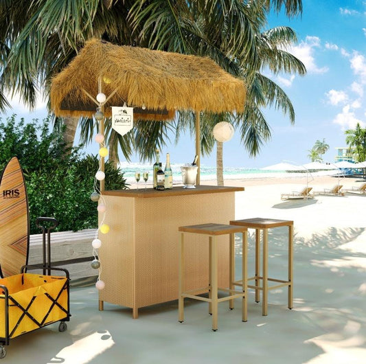 Ensemble de patio de style hawaïen avec auvent en gazon PE, table de bar d'extérieur et tabourets réglables
