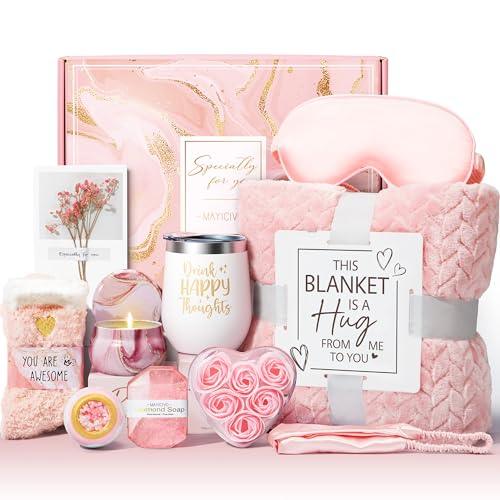 Birthday Gifts for Women Self Care Gifts Get Well Soon Gifts, Rose Relaxing Spa Gifts Basket Care Package w/ Luxury Flannel Blanket, Unique Mothers Day Gifts for Mom Her Friend Sister Wife Grandma