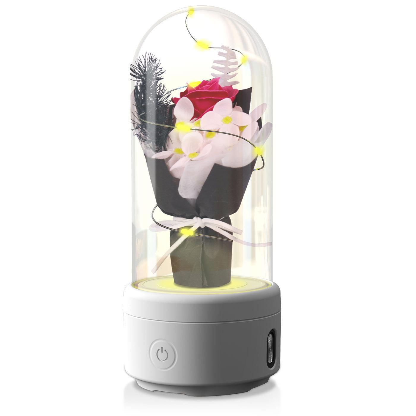 Bouquet créatif 2 en 1 avec lumière LED et haut-parleur Bluetooth, cadeau de fête des mères, veilleuse lumineuse en forme de rose, dans un couvercle en verre