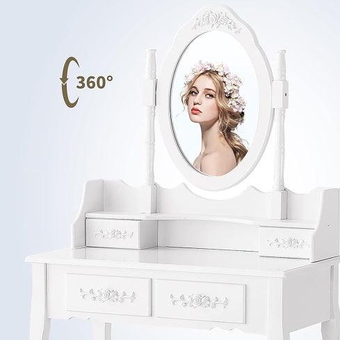 Ensemble coiffeuse 4 tiroirs, coiffeuse avec tabouret rembourré, ensemble de meubles de chambre pour filles et femmes avec miroir ovale