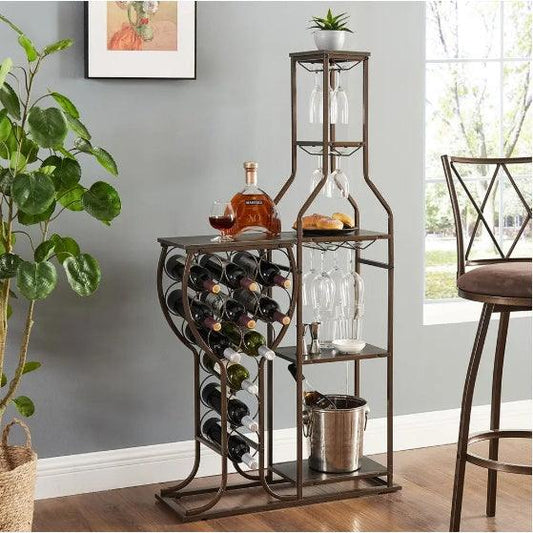Étagère à vin grise sur pied pour 11 bouteilles, 5 niveaux, avec porte-verres et étagères de rangement, idéale pour bar, salon, salle à manger ou comme cadeau.