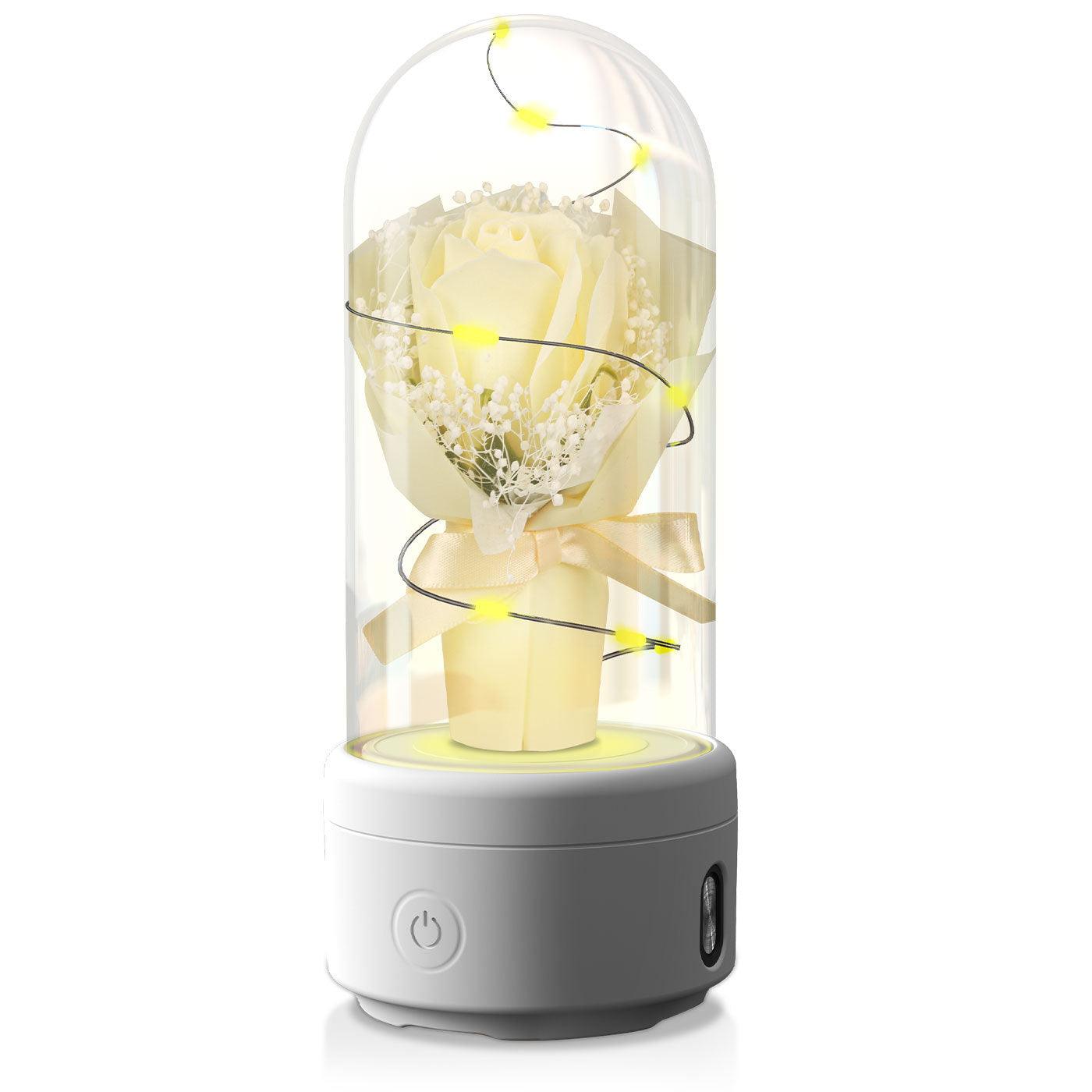 Bouquet créatif 2 en 1 avec lumière LED et haut-parleur Bluetooth, cadeau de fête des mères, veilleuse lumineuse en forme de rose, dans un couvercle en verre