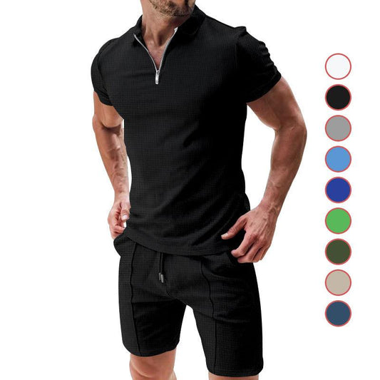 Ensemble 2 pièces gaufré décontracté d'été, haut à manches courtes avec fermeture éclair et poches à cordon, short, t-shirt polyvalent de couleur unie pour hommes