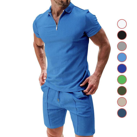 Ensemble 2 pièces gaufré décontracté d'été, haut à manches courtes avec fermeture éclair et poches à cordon, short, t-shirt polyvalent de couleur unie pour hommes