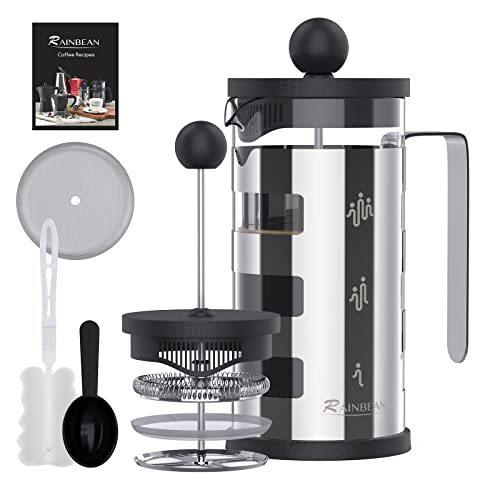 Cafetière à piston 4 tasses, corps en acier inoxydable, résistante à la chaleur, filtre à café en acier inoxydable pour les amateurs de café, argent, 350 ml et 600 ml