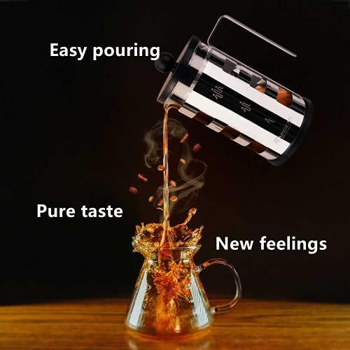 Cafetière à piston 4 tasses, corps en acier inoxydable, résistante à la chaleur, filtre à café en acier inoxydable pour les amateurs de café, argent, 350 ml et 600 ml
