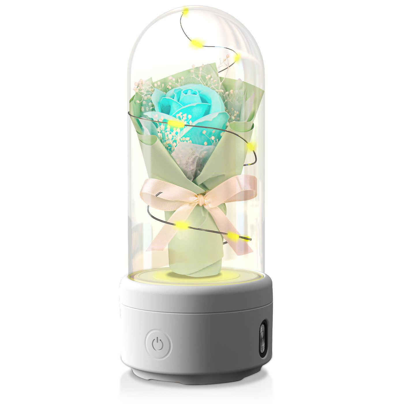 Bouquet créatif 2 en 1 avec lumière LED et haut-parleur Bluetooth, cadeau de fête des mères, veilleuse lumineuse en forme de rose, dans un couvercle en verre