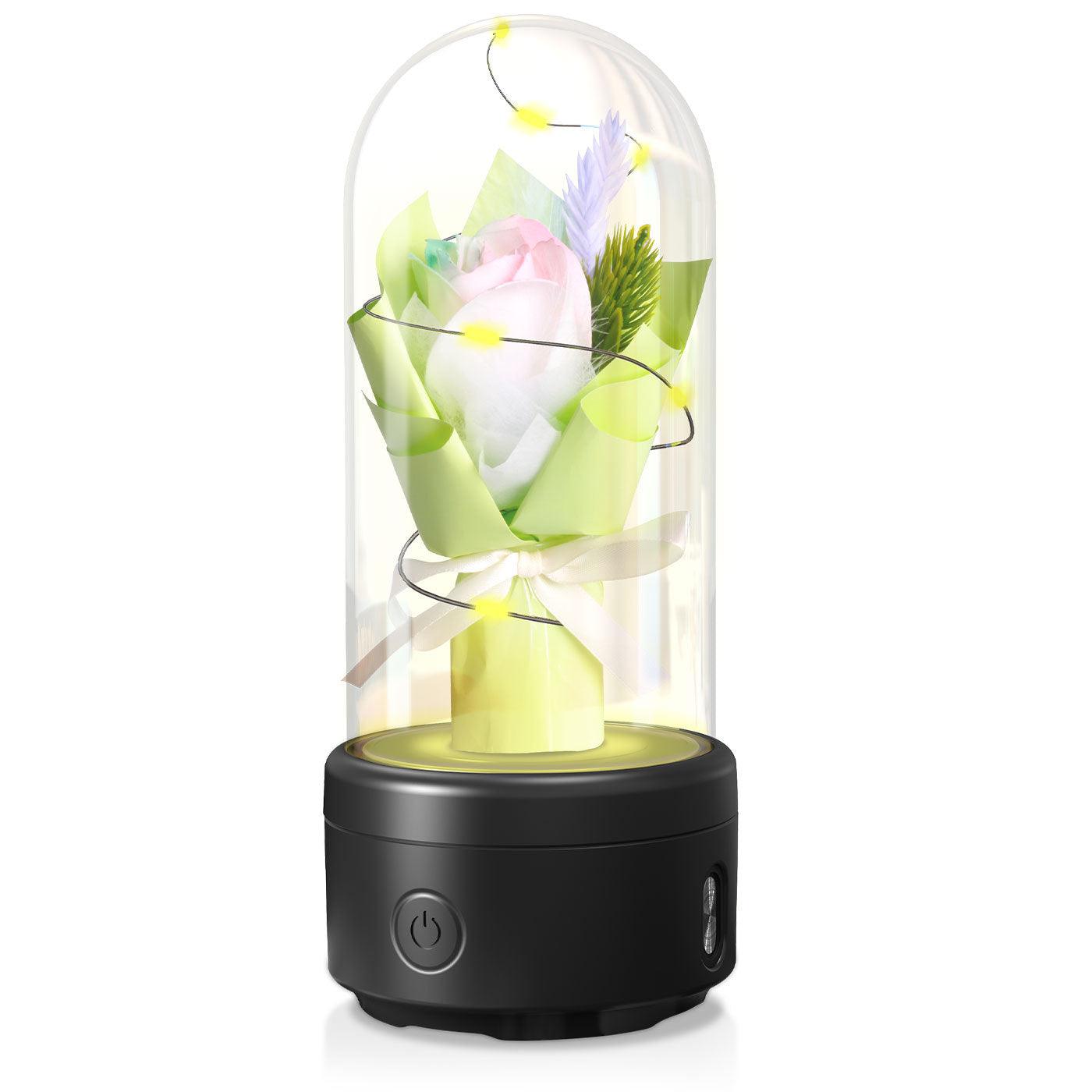 Bouquet créatif 2 en 1 avec lumière LED et haut-parleur Bluetooth, cadeau de fête des mères, veilleuse lumineuse en forme de rose, dans un couvercle en verre