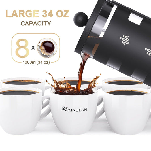 Cafetière à piston RAINBEAN, nettoyage facile, verre borosilicate résistant à la chaleur