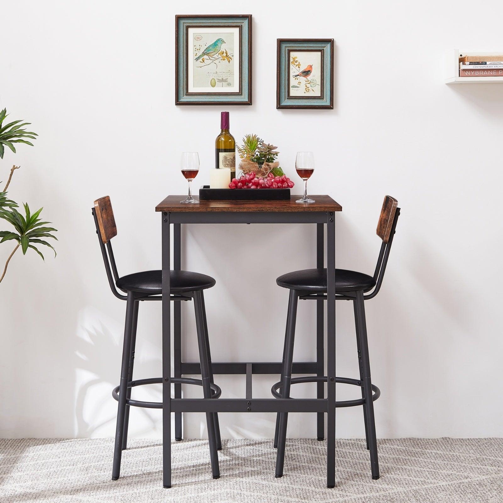 Bar Table Set With 2 Stools, PU Seat Backrest, Rustic Brown, 23.62 W X 35 H - Grivelo
