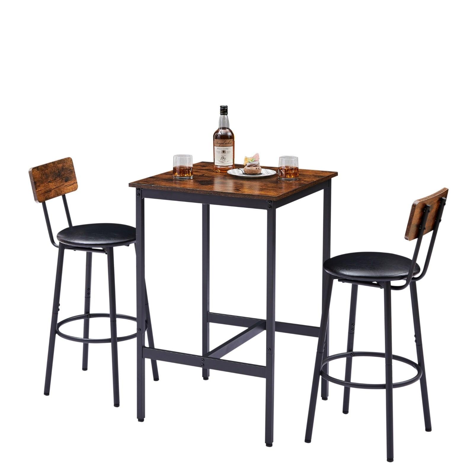 Bar Table Set With 2 Stools, PU Seat Backrest, Rustic Brown, 23.62 W X 35 H - Grivelo