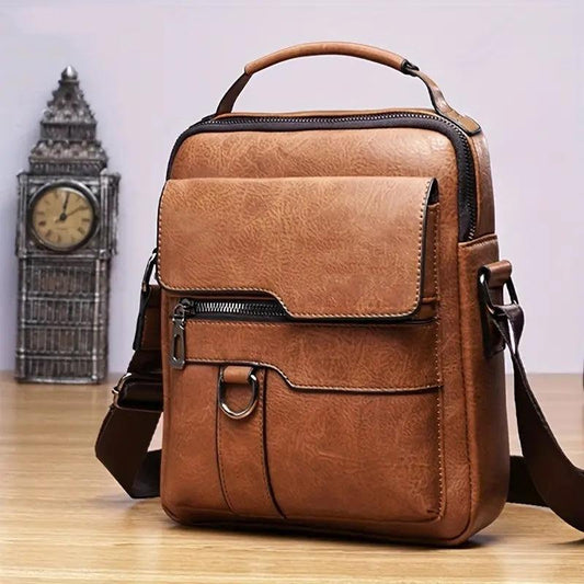 Sac à dos rétro vertical incliné, sac à dos marron tendance à bandoulière unique, compartiments multiples, bandoulière réglable, style décontracté, sac en tissu résistant, petit sac à dos incliné, brillant
